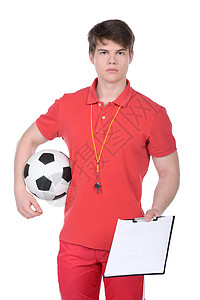 足球教练足球教练与球和哨声隔离图片