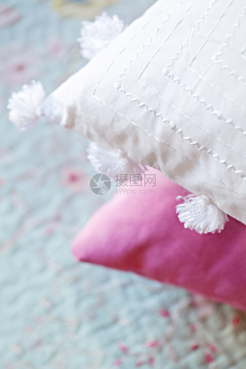 仔细观察一个刺绣的白色垫子和一个粉红色垫子放在温图片