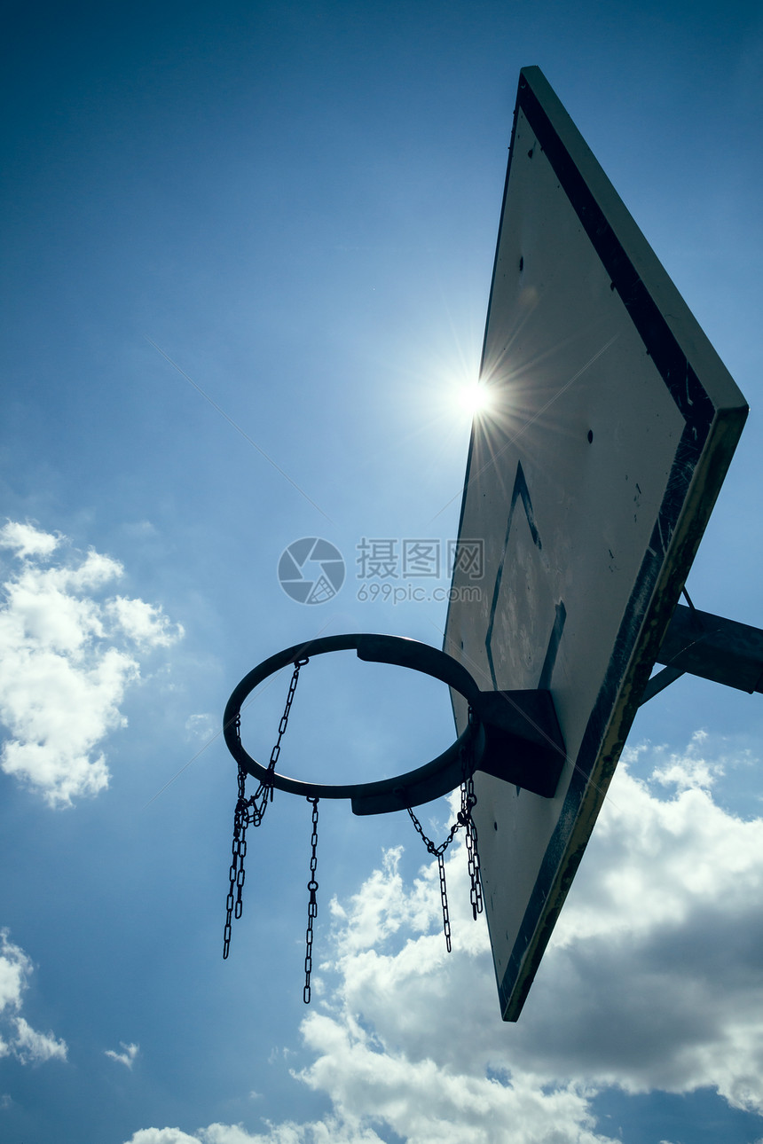 一个篮球框从下面与天空中的太阳图片