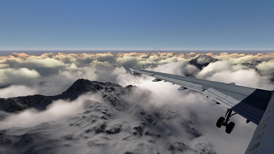 白色客机以3D软件在高山上空蓝天飞图片