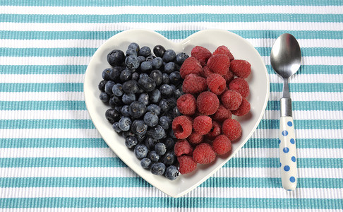 健康饮食高膳食纤维早餐蓝莓和草莓在心脏形状白板在水底蓝图片