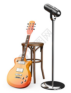 3D电吉他凳和麦克风孤图片