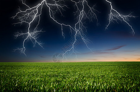 与闪电的雷暴在绿色草甸背景图片