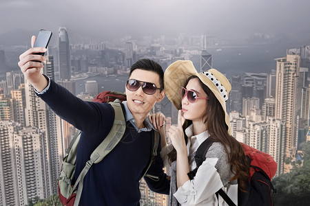 亚洲夫妇在亚洲香港旅行和自拍图片