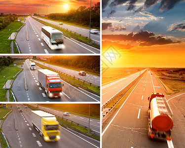 日落时在高速公路上的卡车和公交车图片