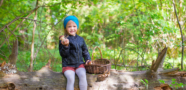 在秋天的森林里采蘑菇的女孩图片