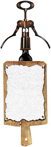 白背景上隔离的黑软木和黑瓶子用过的木制切割板上的葡萄酒清单图片