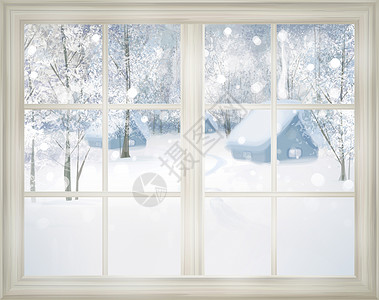 有雪背景的冬天视图的窗口图片