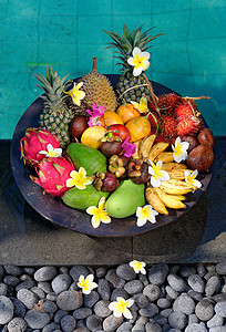 池附近的热带异国水果篮子图片