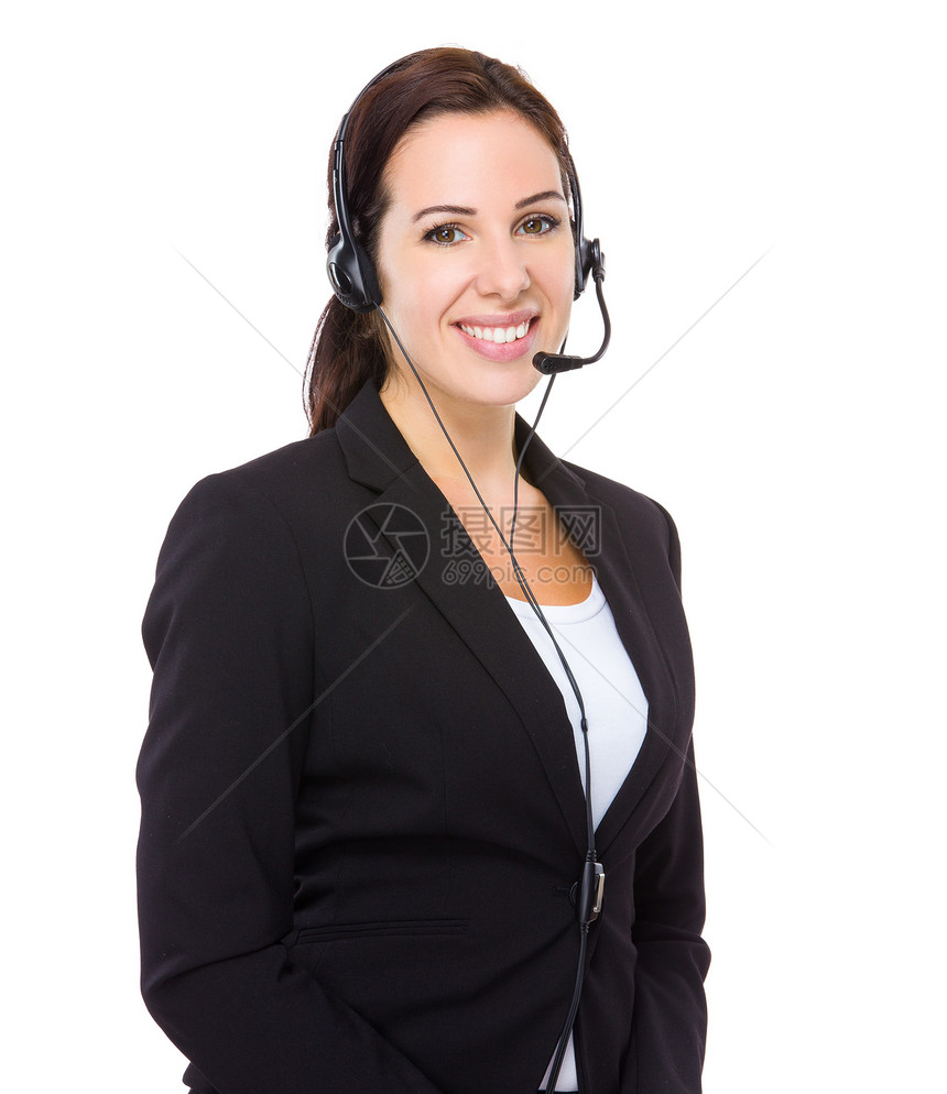 年轻女呼叫中心操作员或客户服务代表在白色图片