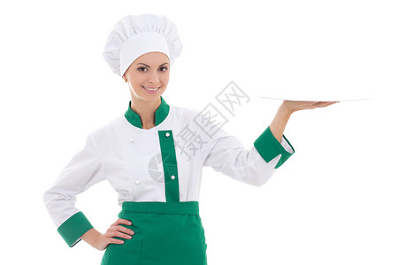 穿制服的年轻厨师女厨师空盘子图片