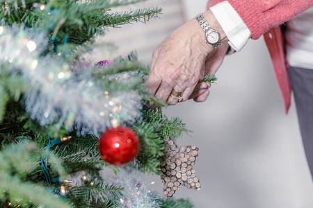 祖母在圣诞树上装饰图片