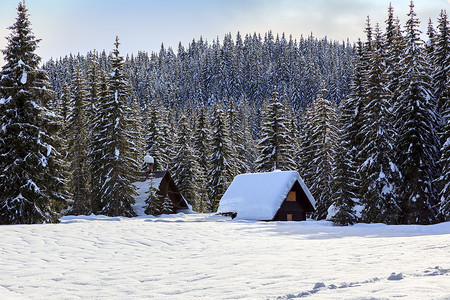 冬季风景山坡和小屋图片