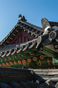 韩国传统宫殿和寺庙的瓷砖屋顶细节图片