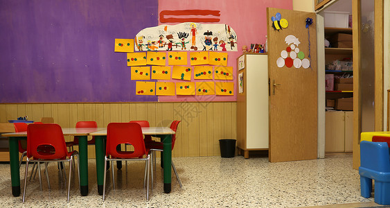 幼儿园教室有红椅和红色桌椅墙上挂着儿图片