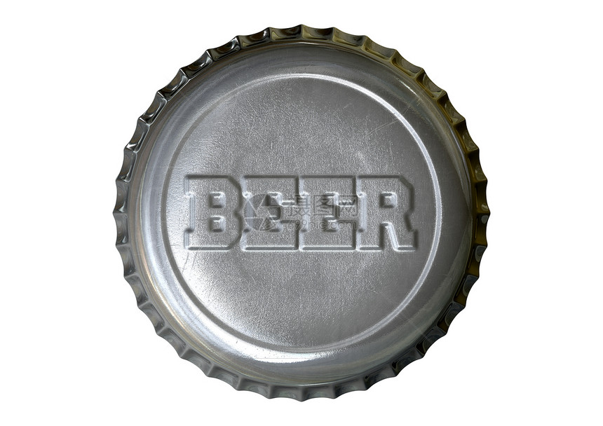 一个银啤酒瓶盖上面写着啤酒的字在孤立的白色图片