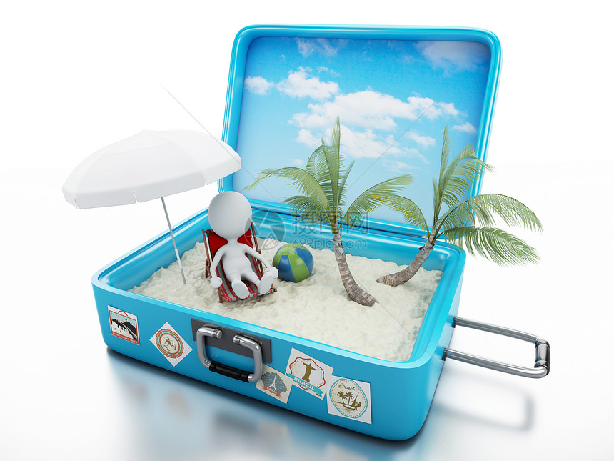 3d铸造者图像白色的白人在旅行李箱中海滩度假概念孤图片