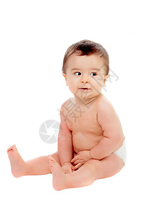 6个月身着尿布的可爱婴儿看着白种背图片