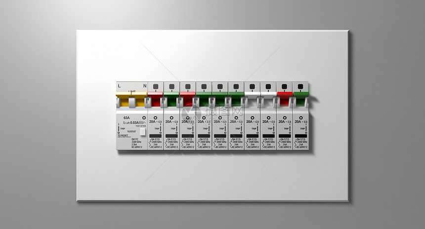 在墙面板上打开一排家庭电路图片