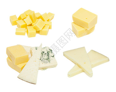 白色背景上不同种类的奶酪图片