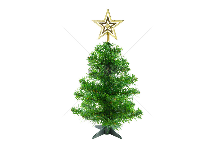 圣诞树被装饰在树顶的金星上白色背景的图片
