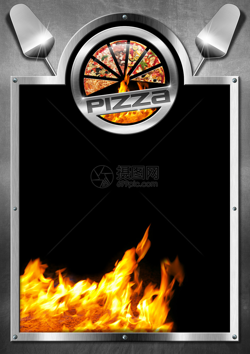 带有金属框架的信号板带有披萨片和火焰的象征符号图片