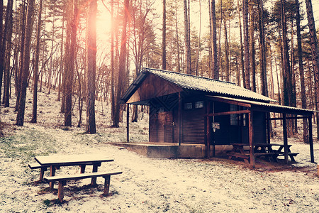 木屋在日落的冬天森林里图片