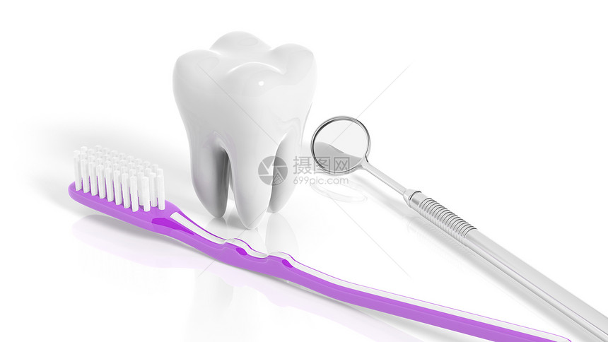 用牙镜和牙刷在白色背景上隔离图片