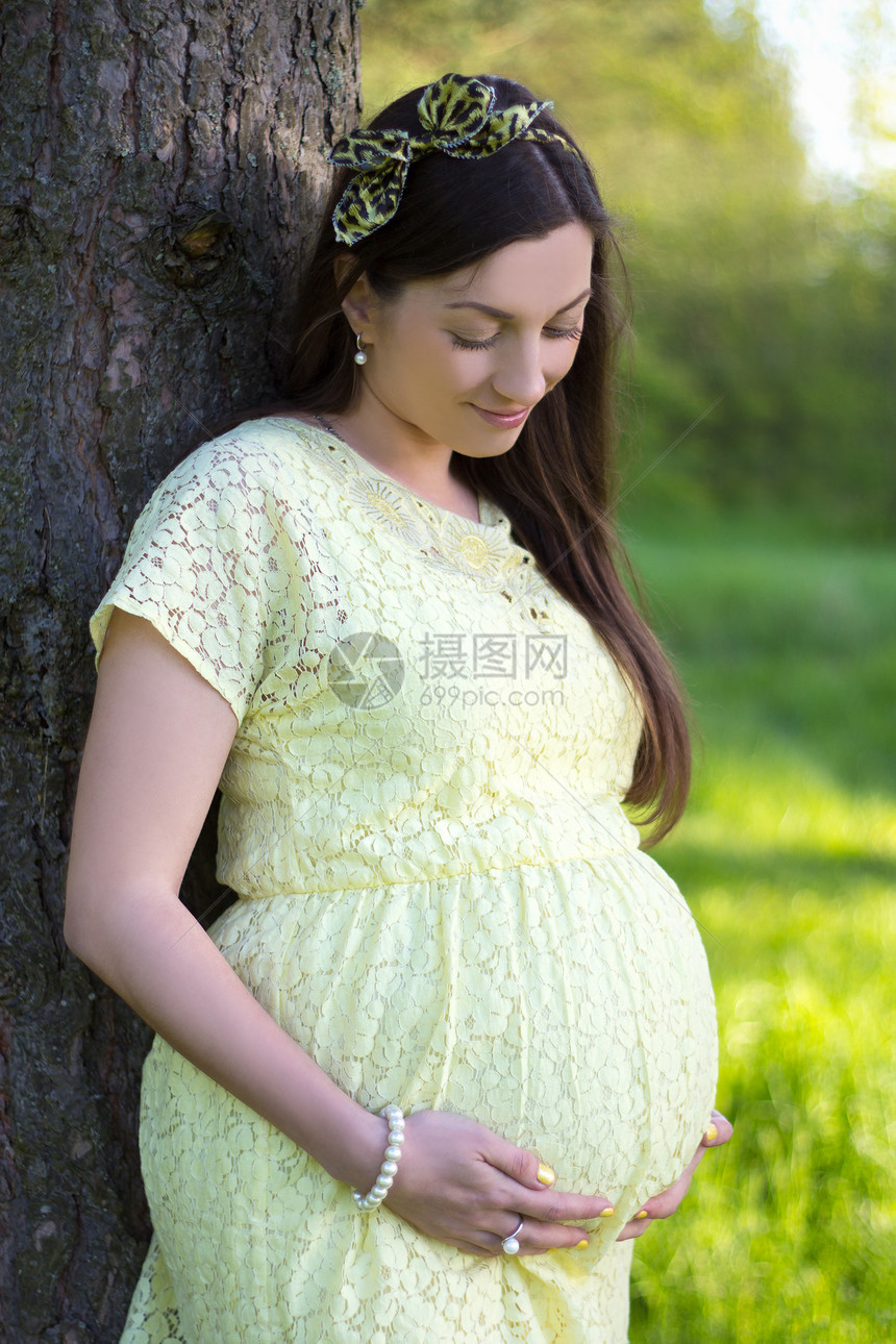 美丽的孕妇的肖像画站在夏林树旁图片