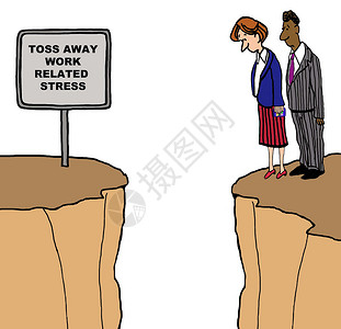 商业漫画显示两个商人向下仰望悬崖和另一面悬崖上的标志图片