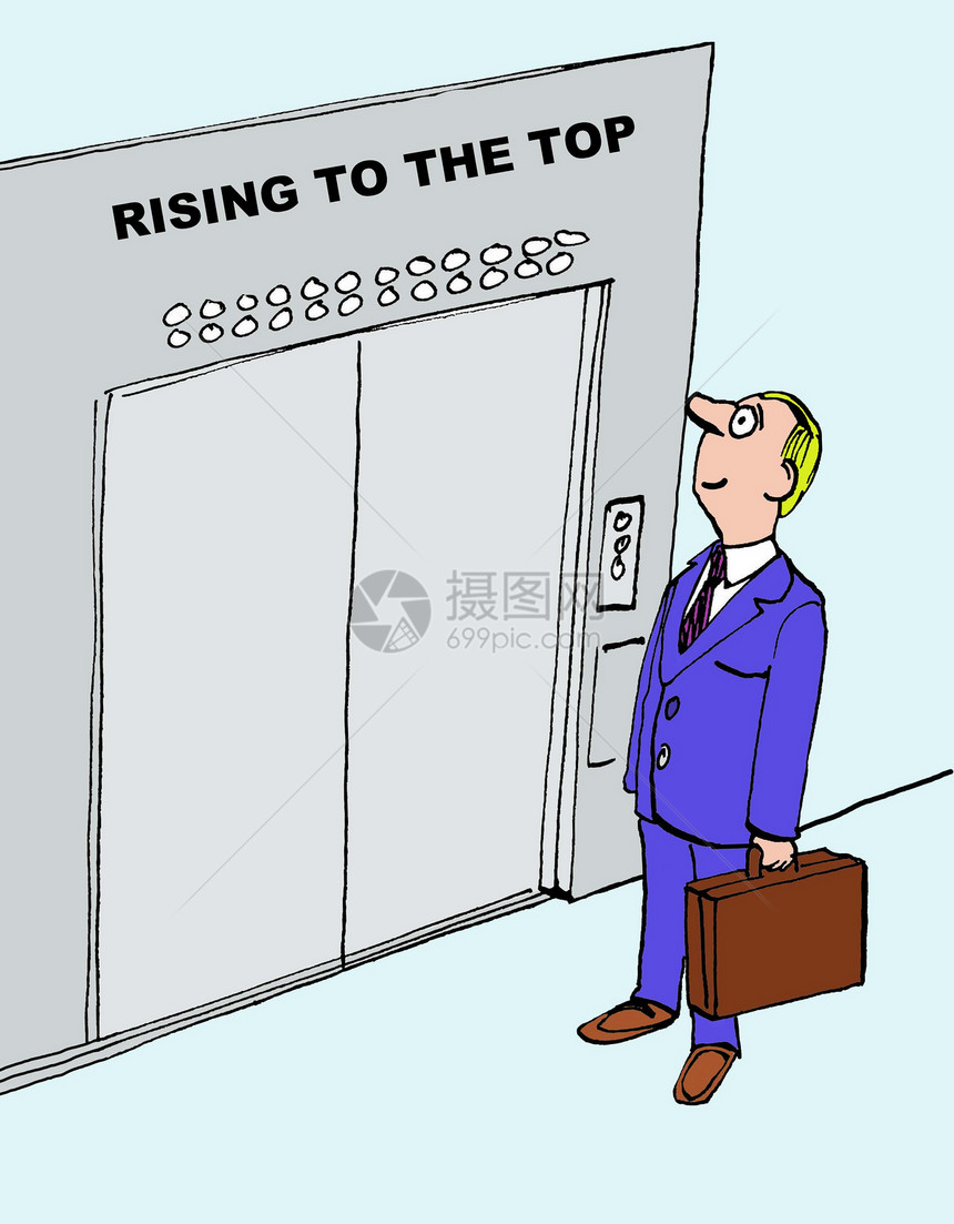 商业漫画显示商人站在电梯前从上到图片