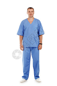 一名身穿蓝色外科手术制服的年轻男医生全长肖像画图片