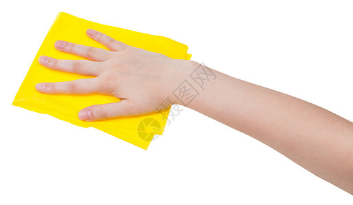 手与黄色除尘抹布隔离在白色背景图片