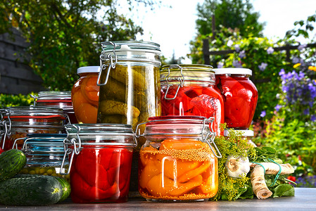 花园里的腌制蔬菜和水果罐腌制食品图片