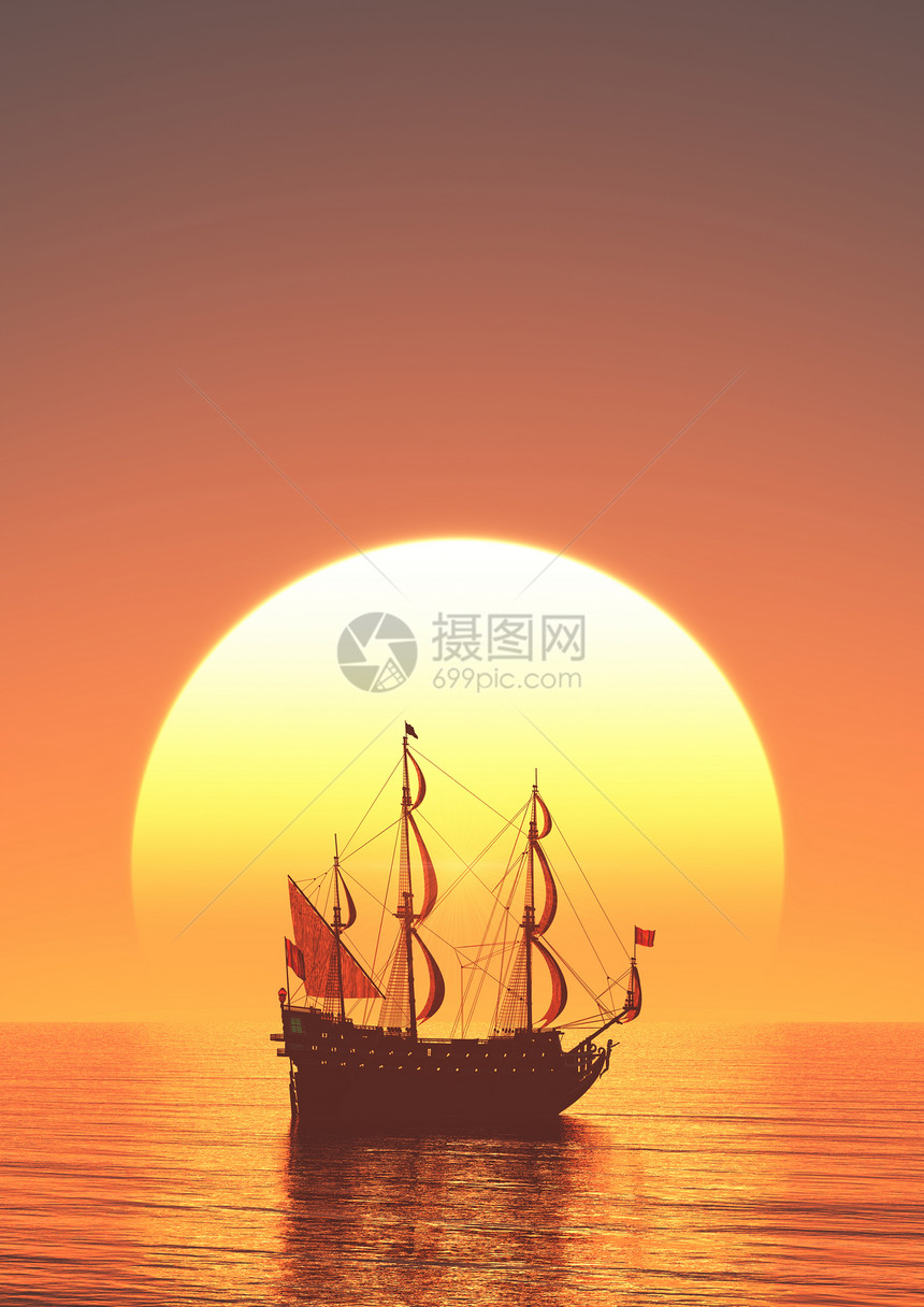 太阳升起和帆船的形象图片