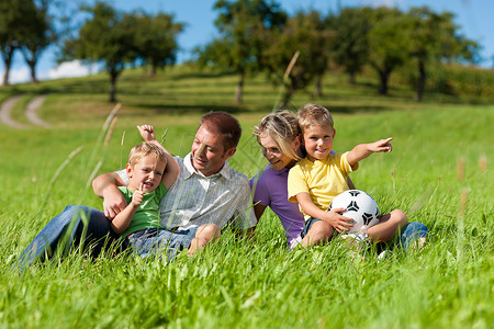有两个小男孩的家庭在草地上玩耍在夏草原上图片