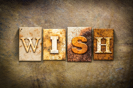 wishWISH这个词是用古老的皮革背景上生锈的金属纸背景