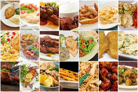 食物拼贴图像中的各种流行鸡肉菜肴图片
