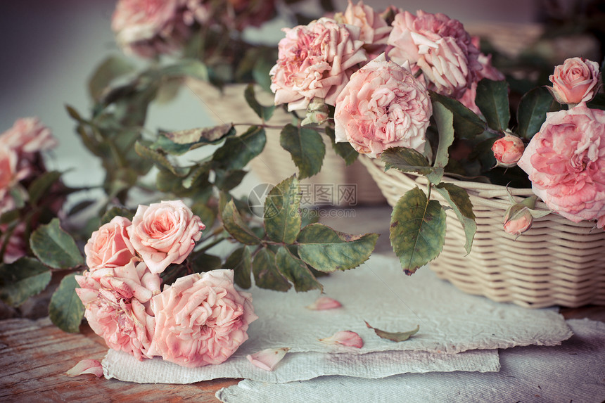 木桌背景的粉红玫瑰图片