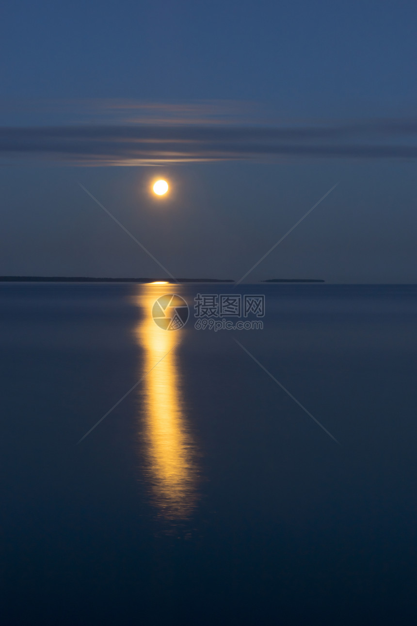 夏天夜湖上的满月图片