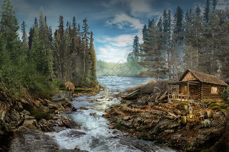 森林中河边的森林人小屋图片
