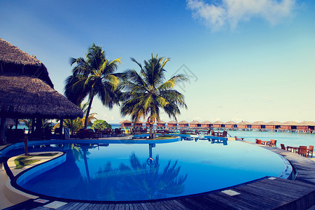 热带度假胜地游泳池和海滩图片
