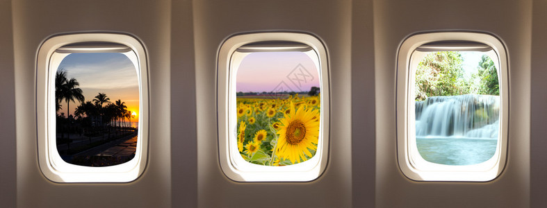 三架飞机窗口概念用于旅行自然背图片