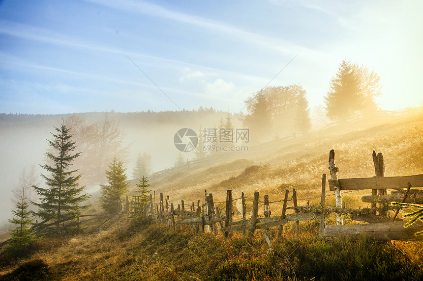 喀尔巴阡山脉多姿彩的秋天风景清晨在罗马尼亚的特兰西图片