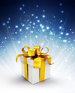 白色礼物盒带有金丝带闪亮的蓝底背图片