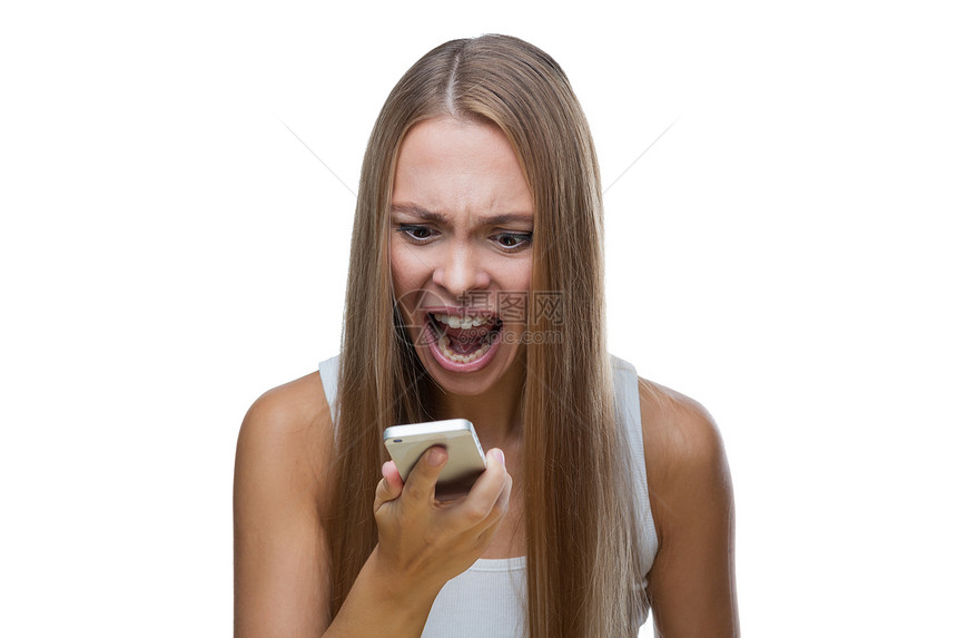 愤怒的金发女人的肖像在电图片