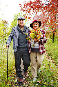 退休夫妇在秋天公园闲散步的图片