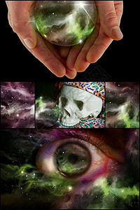 骨骼宇宙晶体球和所有看到的眼睛在星图片
