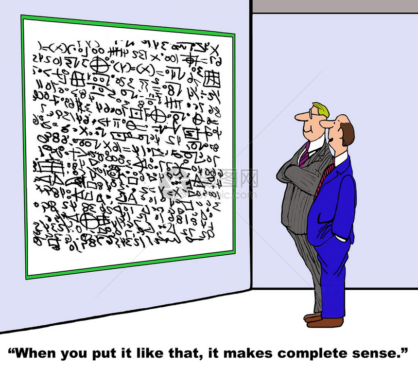 商业漫画显示两位商人在看白板上满是复杂公式的白板图片