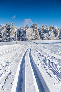 在美丽的冬季奇幻景色中的空跨滑雪赛图片
